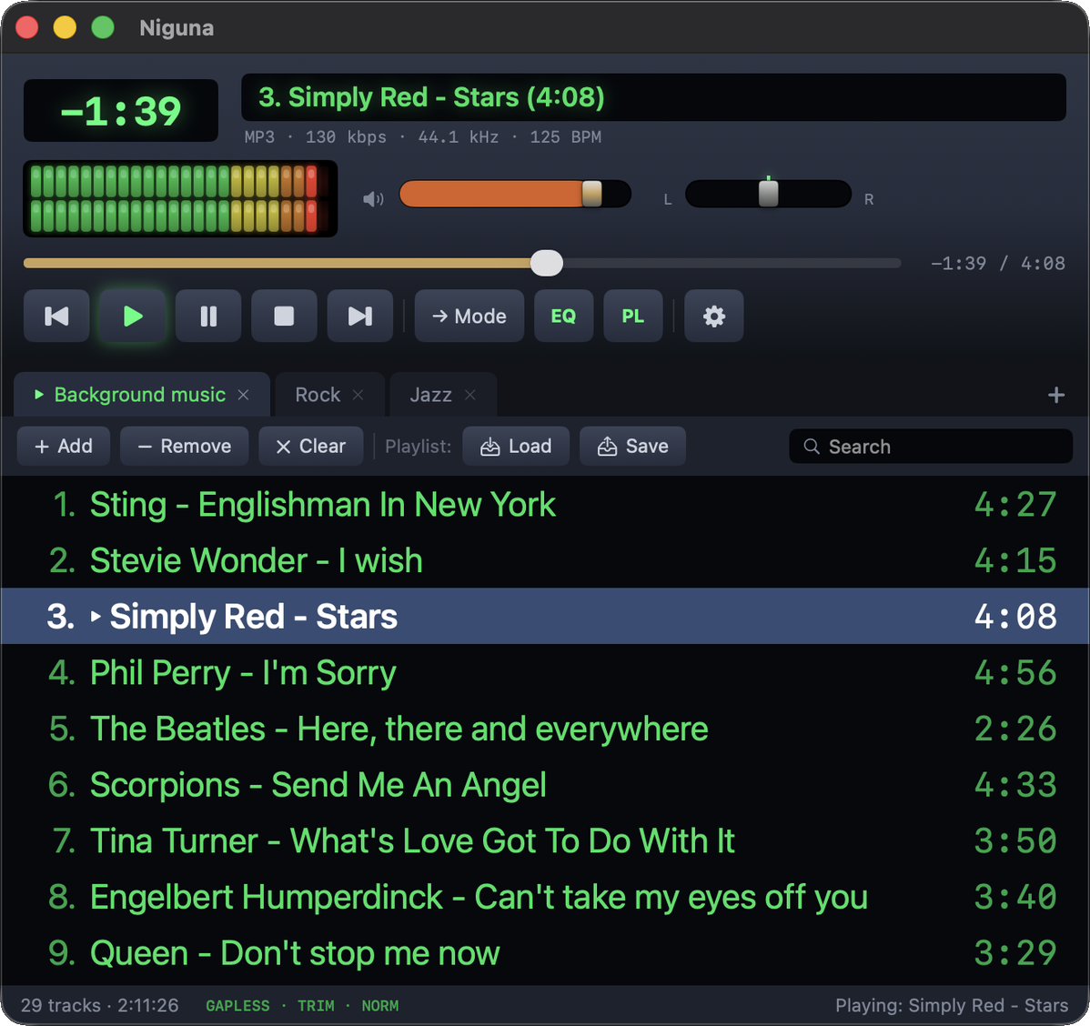 Niguna — playing a track with LED meters and a full playlist