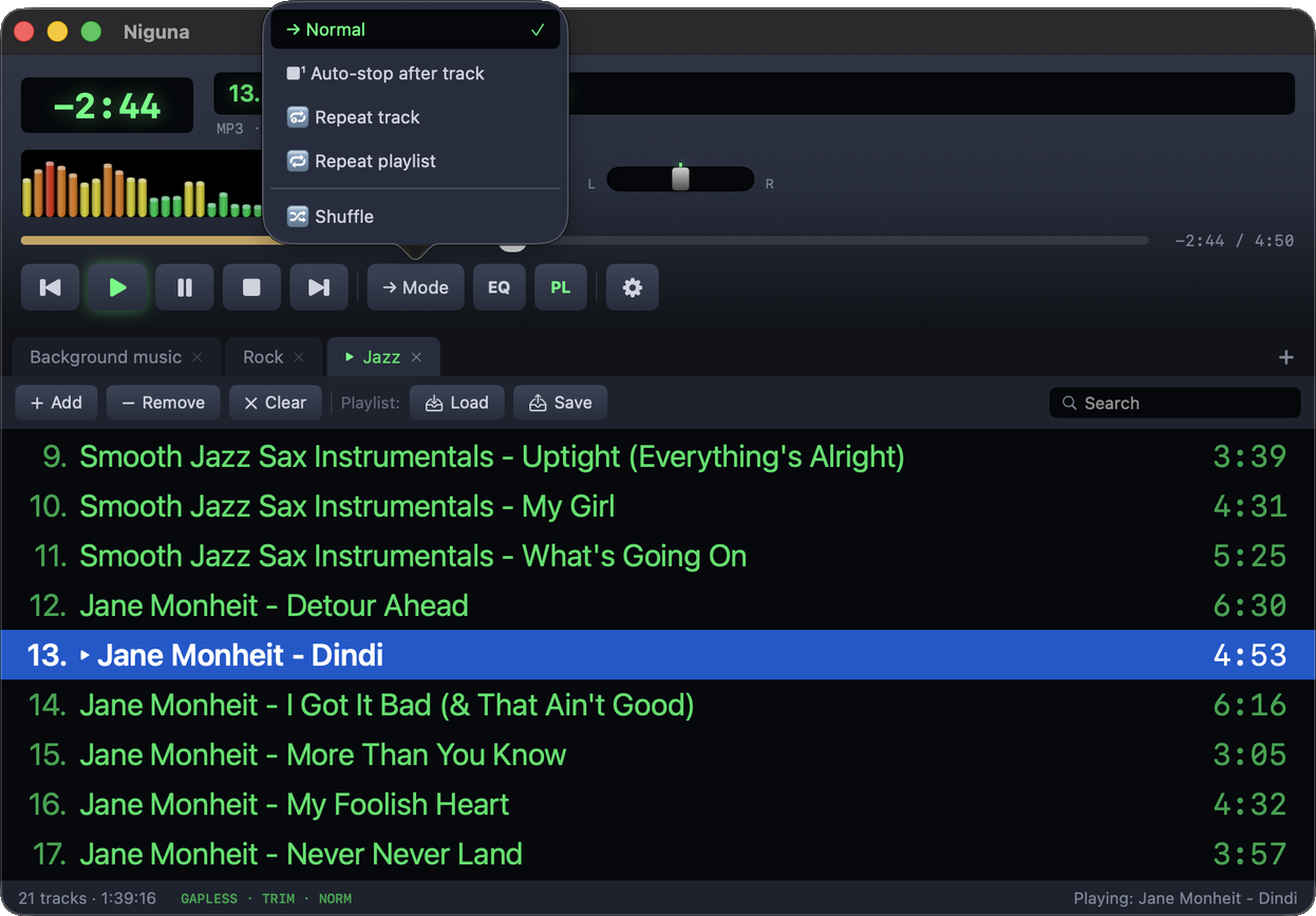 Playback modes — auto-stop, repeat, shuffle