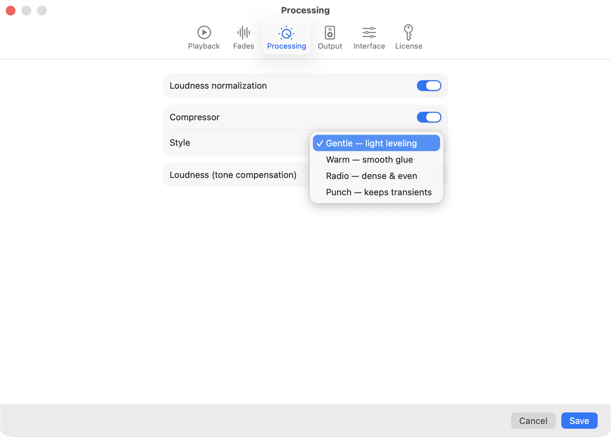 Processing chain — compressor styles and loudness compensation