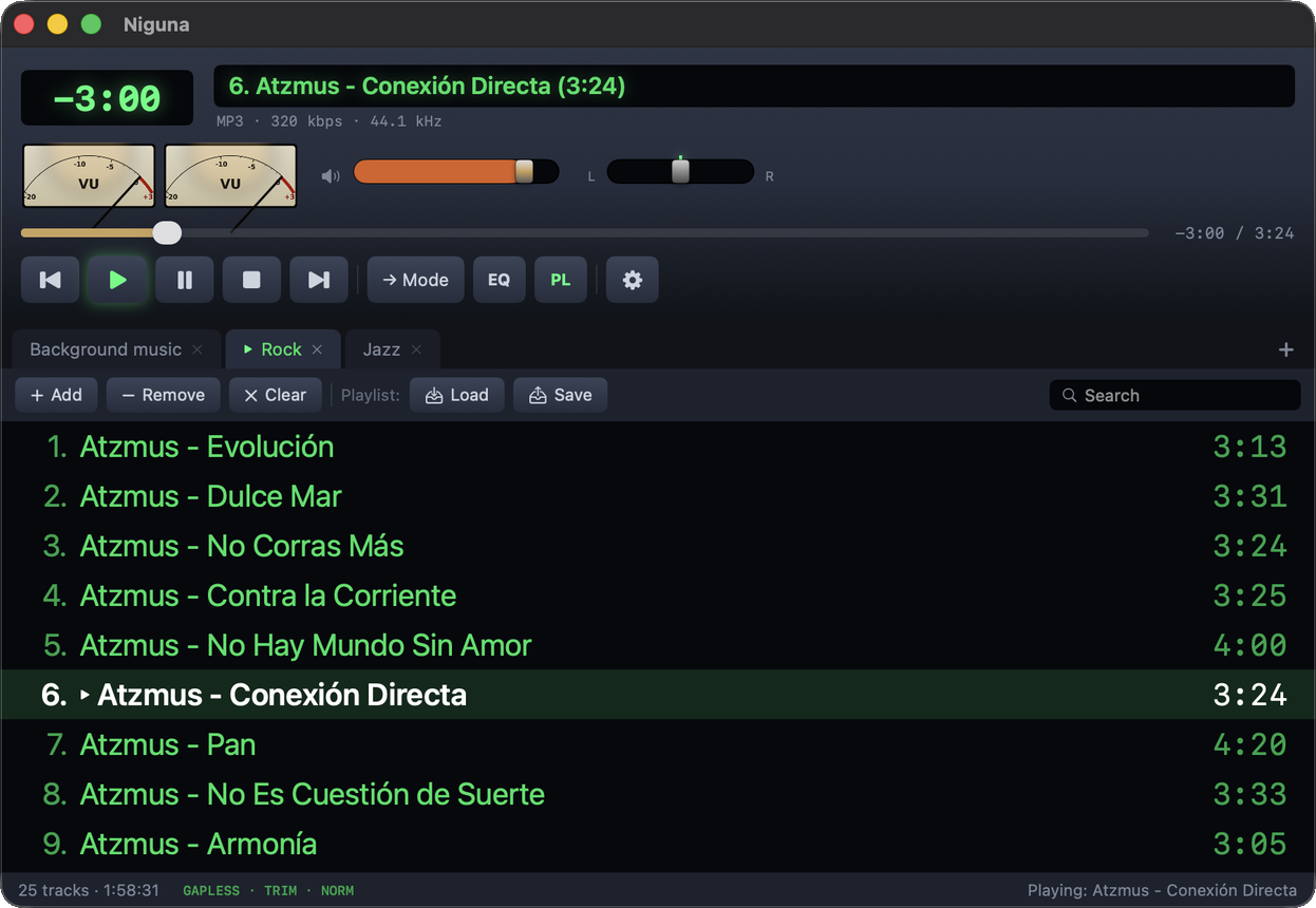 Niguna with classic VU meters and a playlist